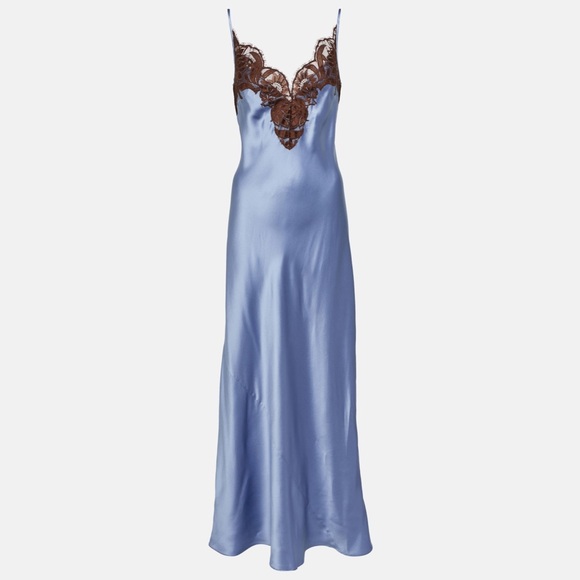 SIR the label Dresses & Skirts - SIR the label Blue Satin Slip Dress with Brown Lace Trim